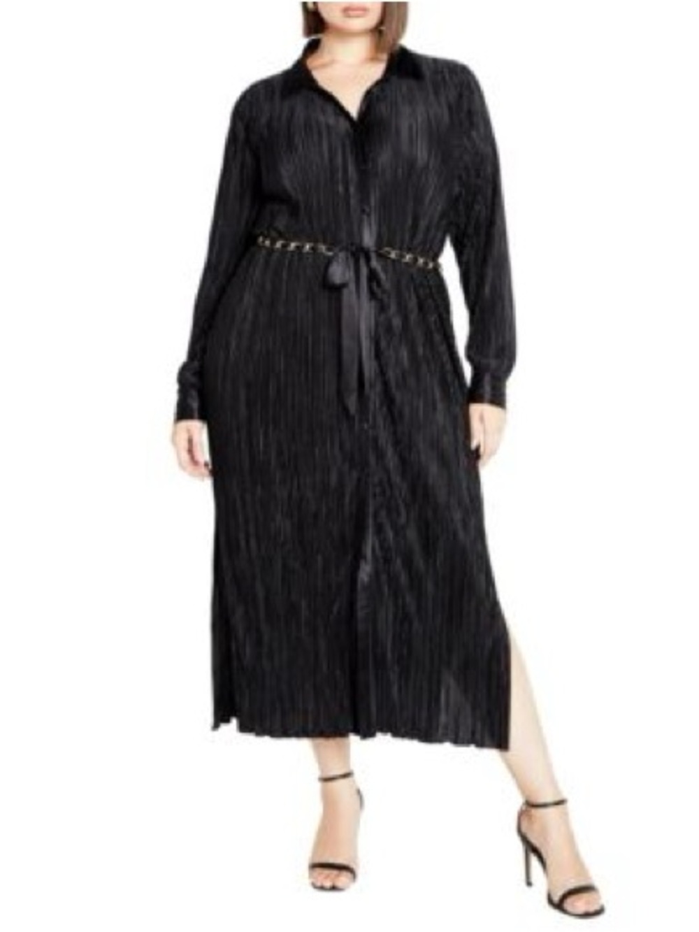 City Chic Andi Plisse Maxi Dress Black Gold Belt NEW US Size 16